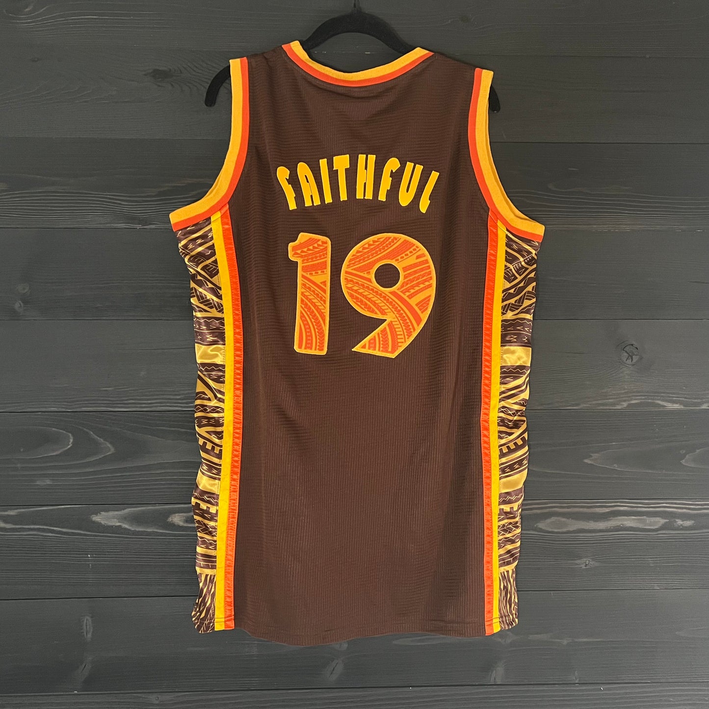 A-002m FAITHFUL #19 - FINE CITY Brown Orange Tribalz Basketball Jersey ALL SIZES - MADE TO ORDER