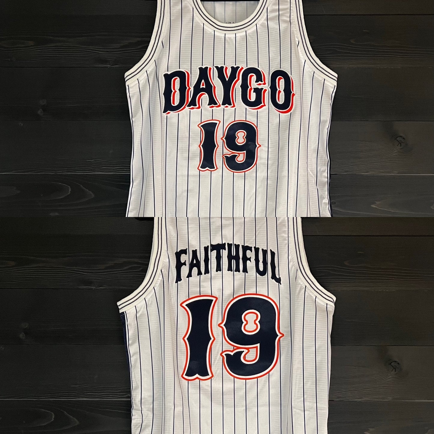 A-019m DAYGO FAITHFUL #19 - White Orange Navy Pinstripes ALL SIZES - MADE TO ORDER