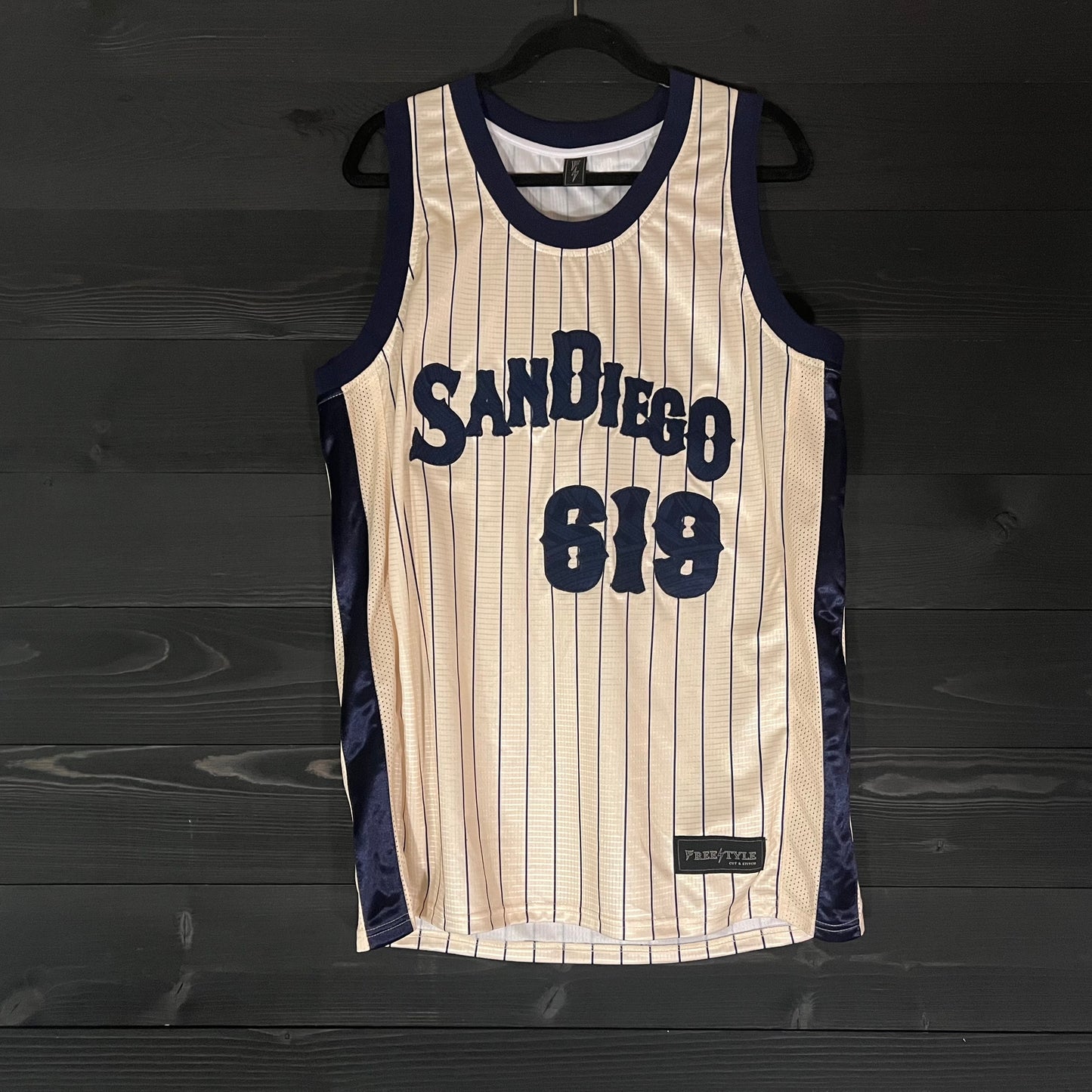 A-050a #619 ALL DAY Creme Navy Pinstripes - ALL SIZES