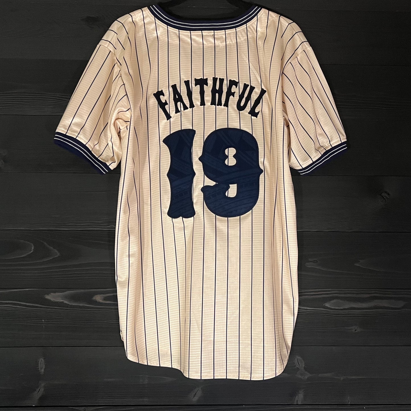 A-051a #19 FINE CITY FAITHFUL Baseball Creme Navy Pinstripes - ALL SIZES
