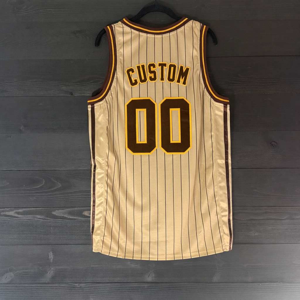 A-105m CUSTOM Name and # Sand Brown Yellow w Pinstripes Basketball Jersey - MADE TO ORDER