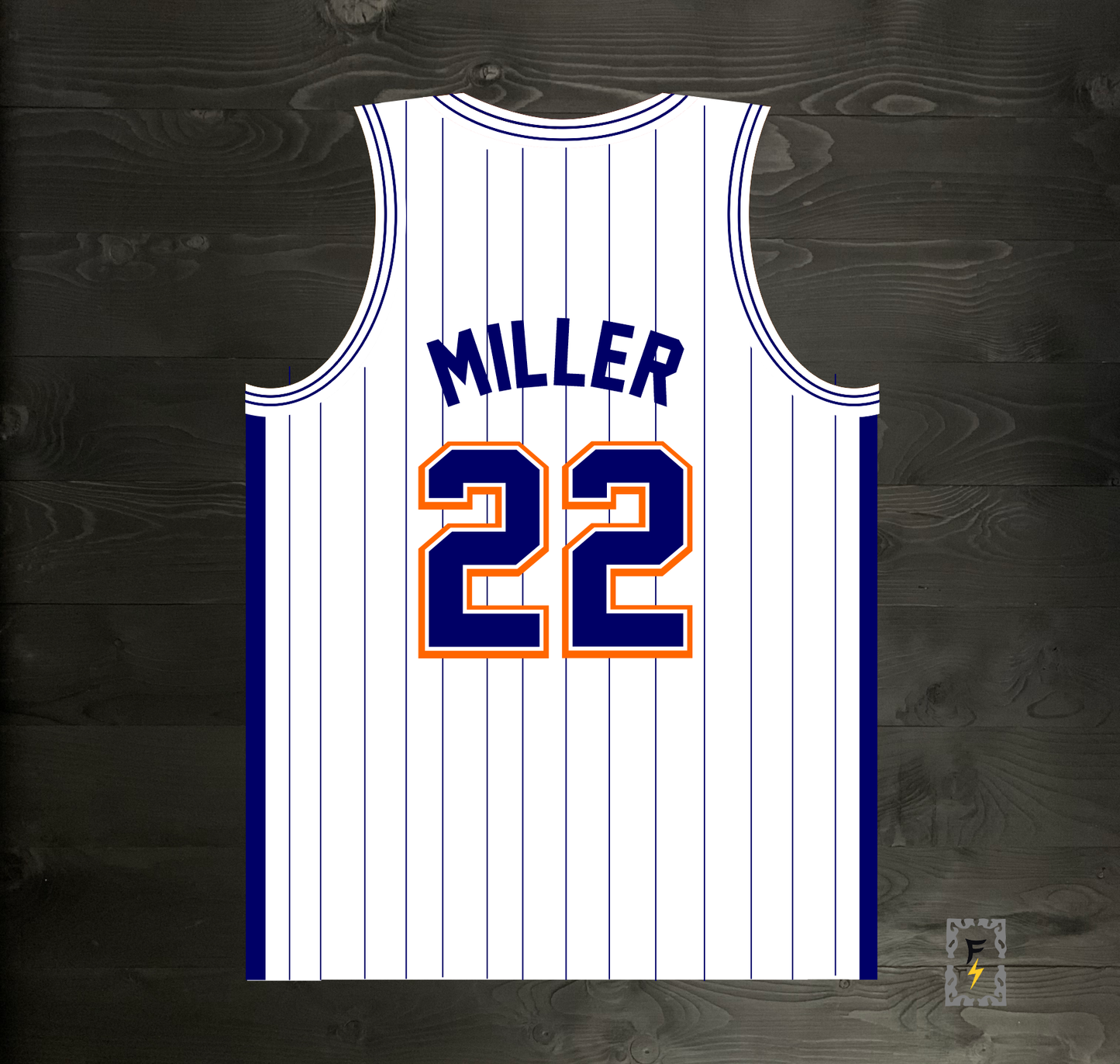 A-119m #22 White Navy Orange w Pinstripes Basketball Jersey - MADE TO ORDER