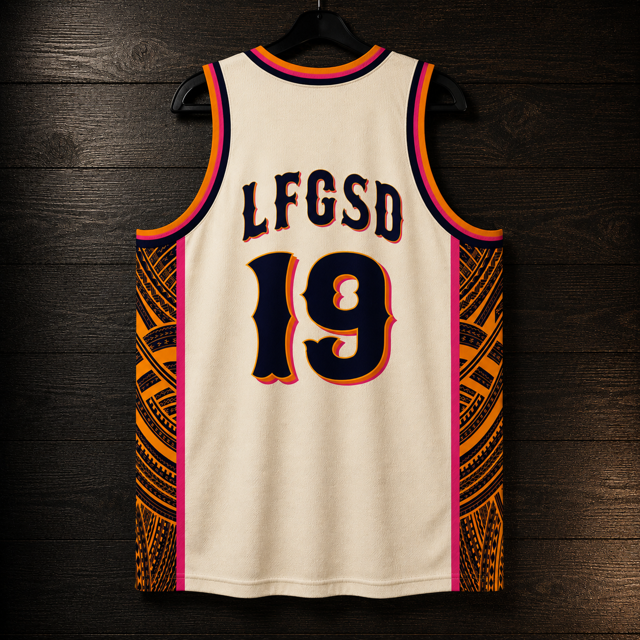 A-121m LFGSD Custom # Bone Creme Navy Marigold Magenta Tribal Basketball Jersey - MADE TO ORDER
