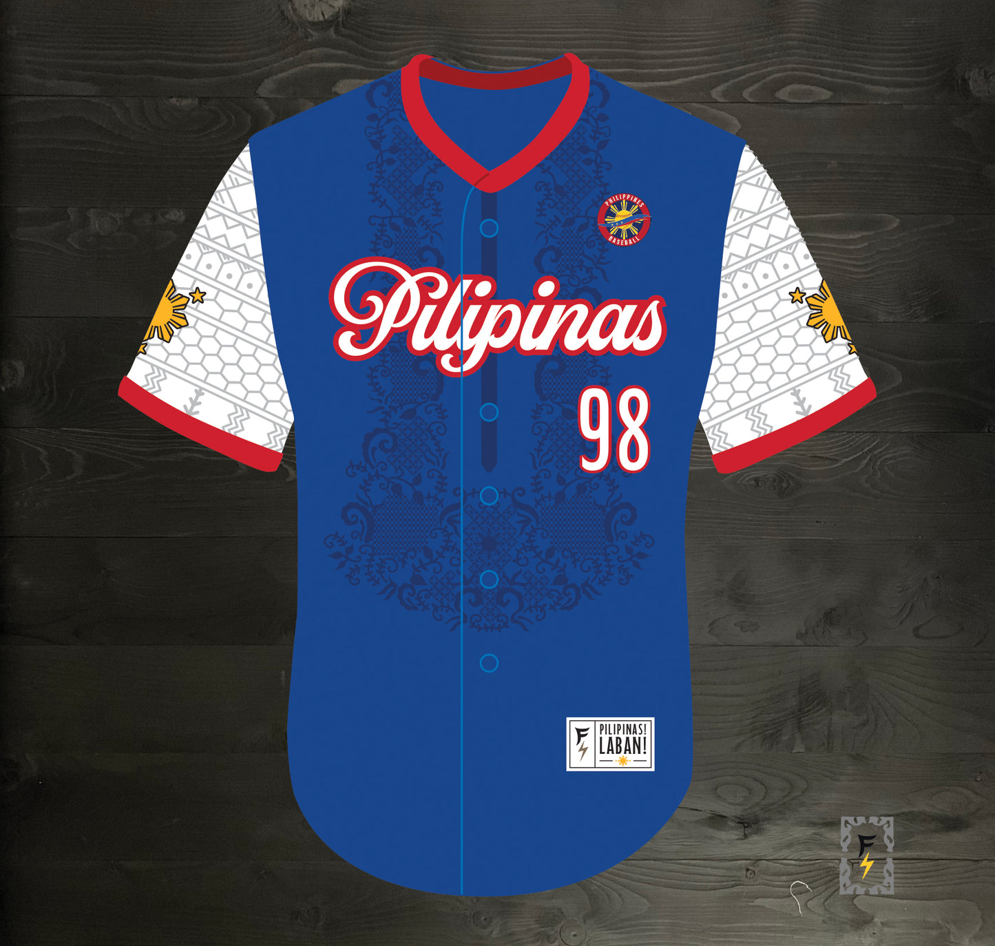 L-102m FILIPINO #98 Pilipinas Philippines Baseball Group (PBG) Blue Button Up Baseball Jersey - MADE TO ORDER