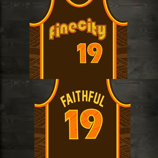 A-024m FINE CITY #19 FAITHFUL Brown Orange Tribalz Basketball Jersey ALL SIZES - MADE TO ORDER