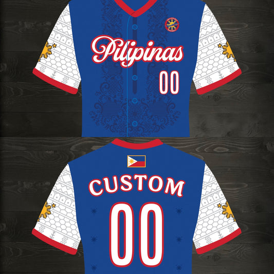 L-102m CUSTOM Name and # Pilipinas Philippines Baseball Group (PBG) Blue Button Up Baseball Jersey - MADE TO ORDER