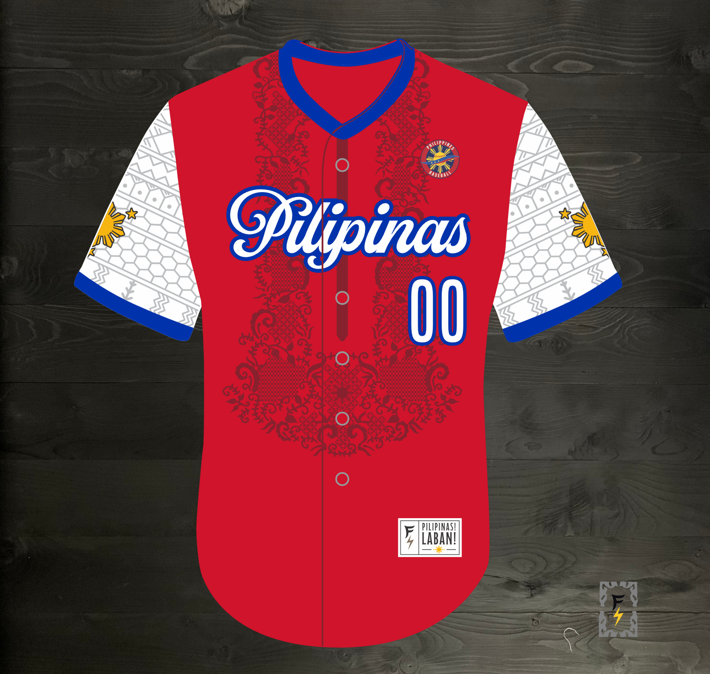 L-103m CUSTOM Name and # Pilipinas Philippines Baseball Group (PBG) Red Button Up Baseball - MADE TO ORDER