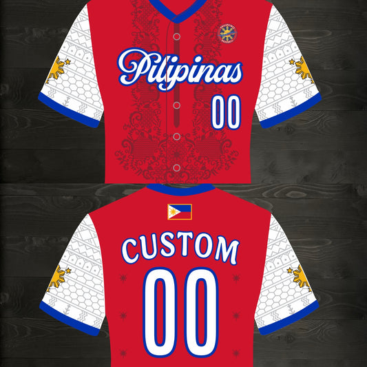 L-103m CUSTOM Name and # Pilipinas Philippines Baseball Group (PBG) Red Button Up Baseball - MADE TO ORDER
