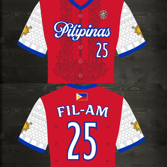 L-103m FIL-AM #25 Pilipinas Philippines Baseball Group (PBG) Red Button Up Baseball Jersey - MADE TO ORDER