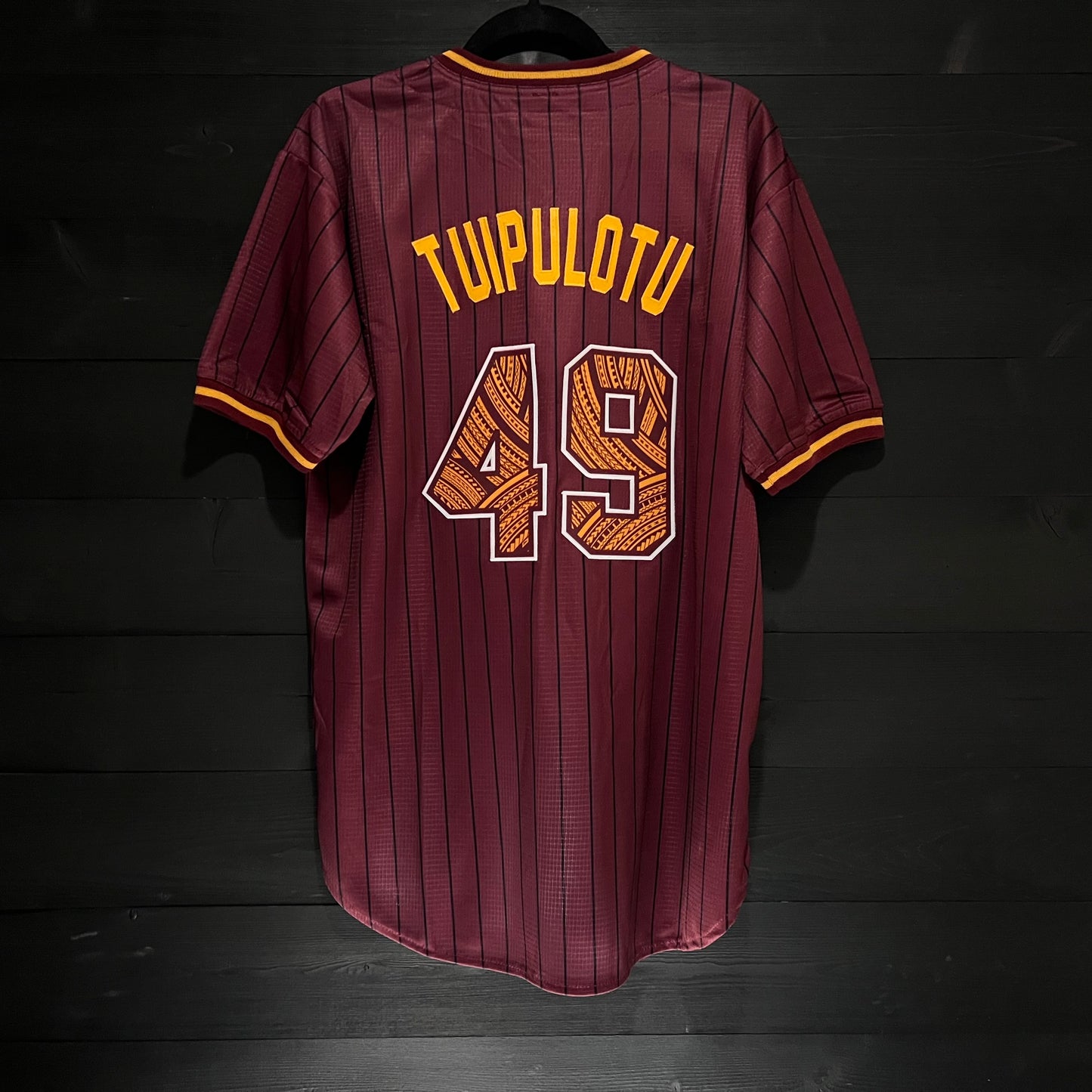 T-007a #49 Maroon Pinstripes Baseball Tribal - AVAILABLE STOCK