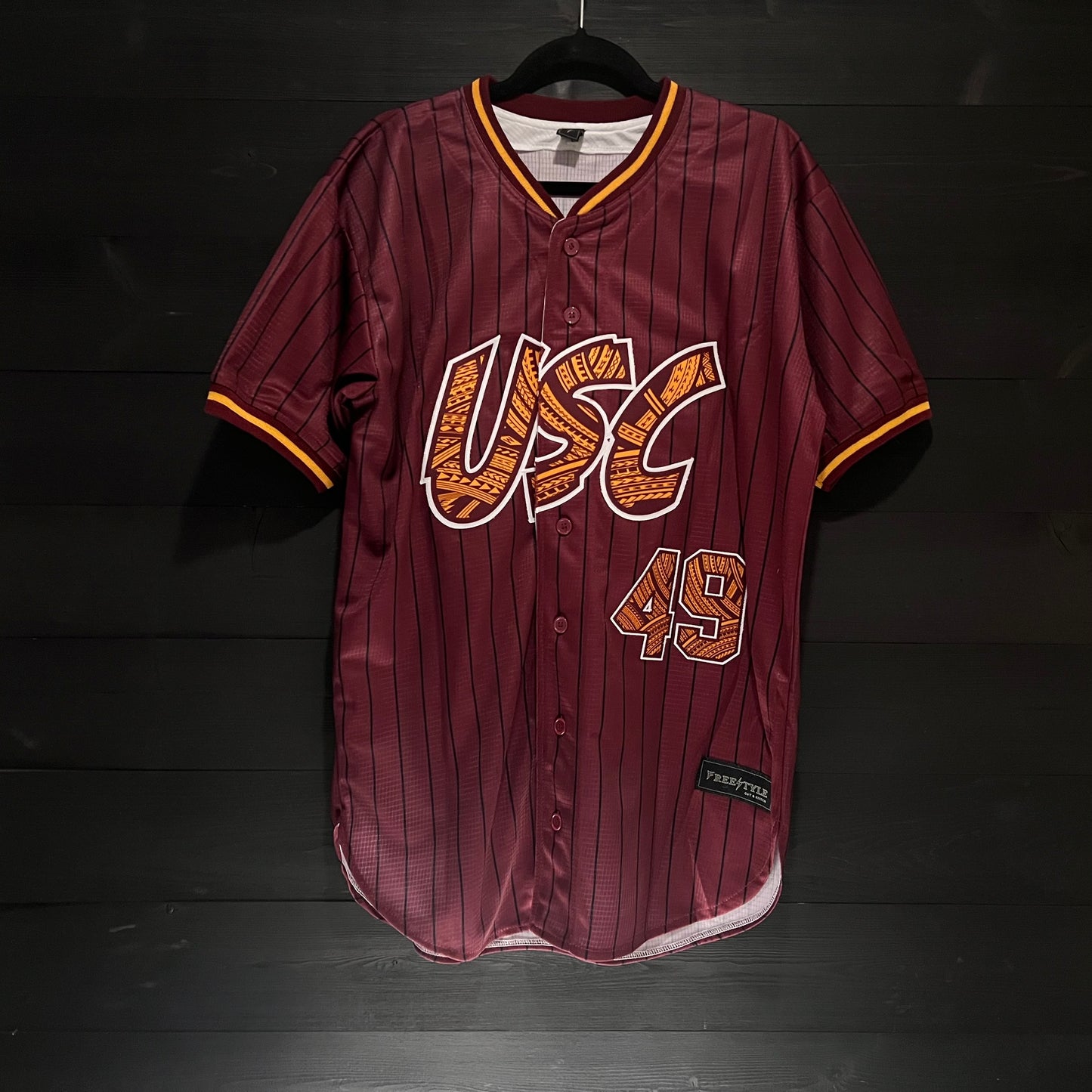 T-007a #49 Maroon Pinstripes Baseball Tribal - AVAILABLE STOCK