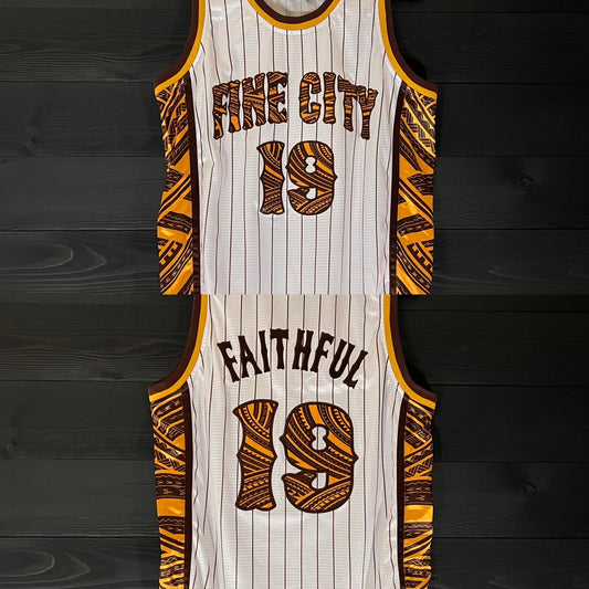 A-001m FAITHFUL #19 - FINE CITY White Tribalz Basketball Jersey ALL SIZES - MADE TO ORDER