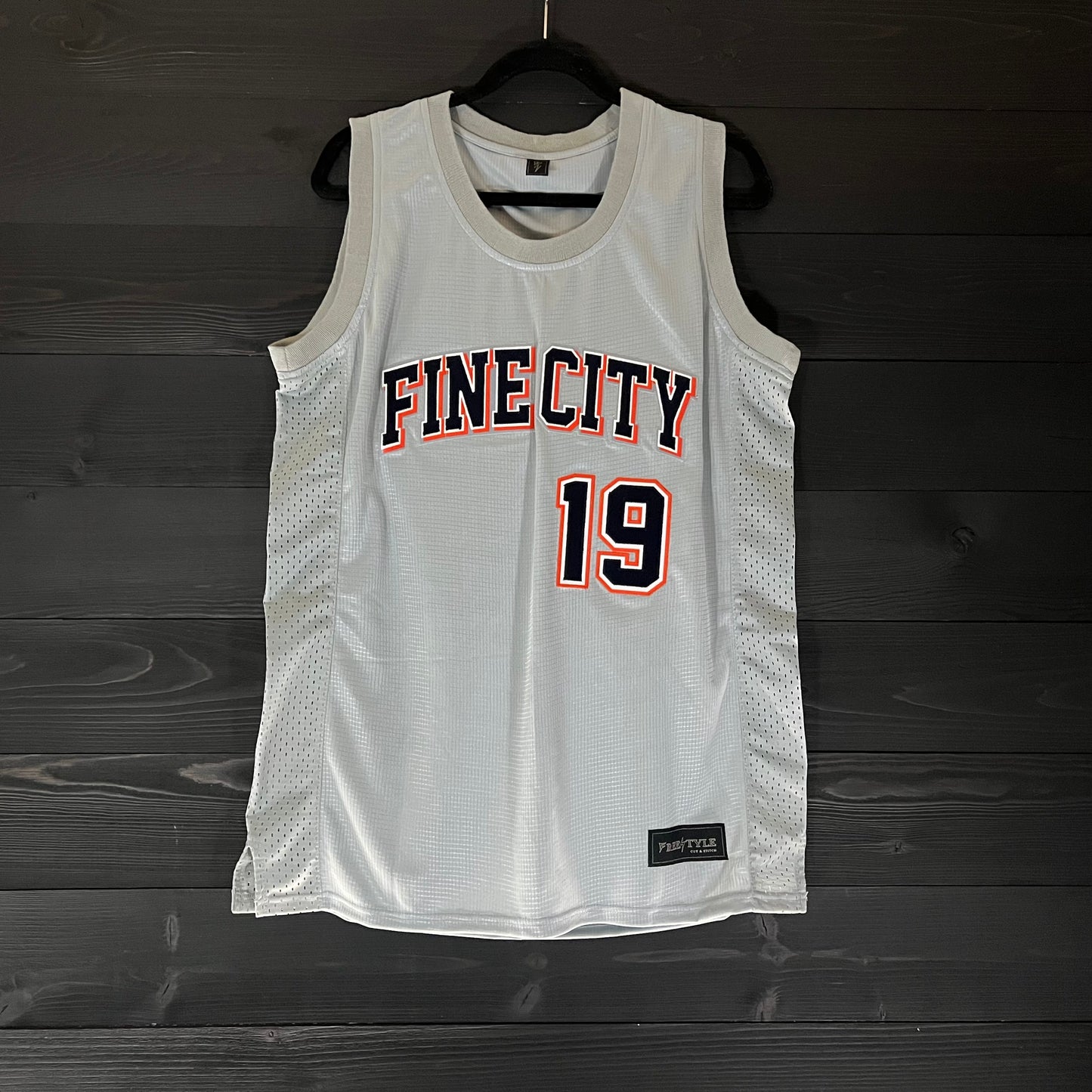 A-013m FAITHFUL #19 - FINE CITY Gray Navy Orange Basketball Jersey ALL SIZES - MADE ORDER