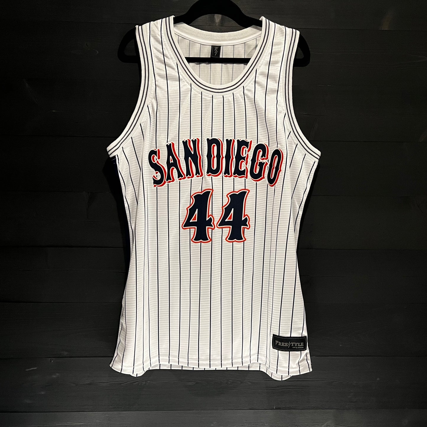 A-019m #44 White Orange Navy Pinstripes ALL SIZES - MADE TO ORDER