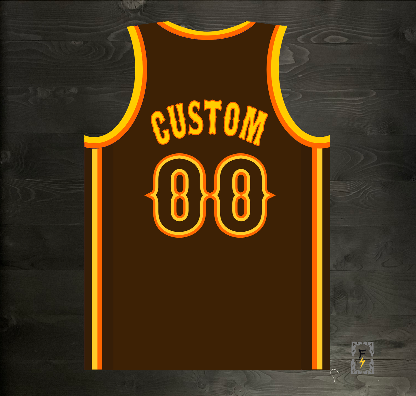 A-103m - CUSTOM Team Name and # Brown Orange Yellow on Brown - MADE TO ORDER