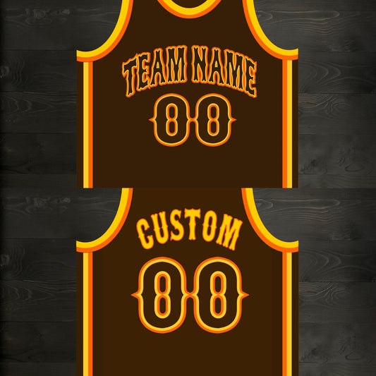 A-103m - CUSTOM Team Name and # Brown Orange Yellow on Brown - MADE TO ORDER