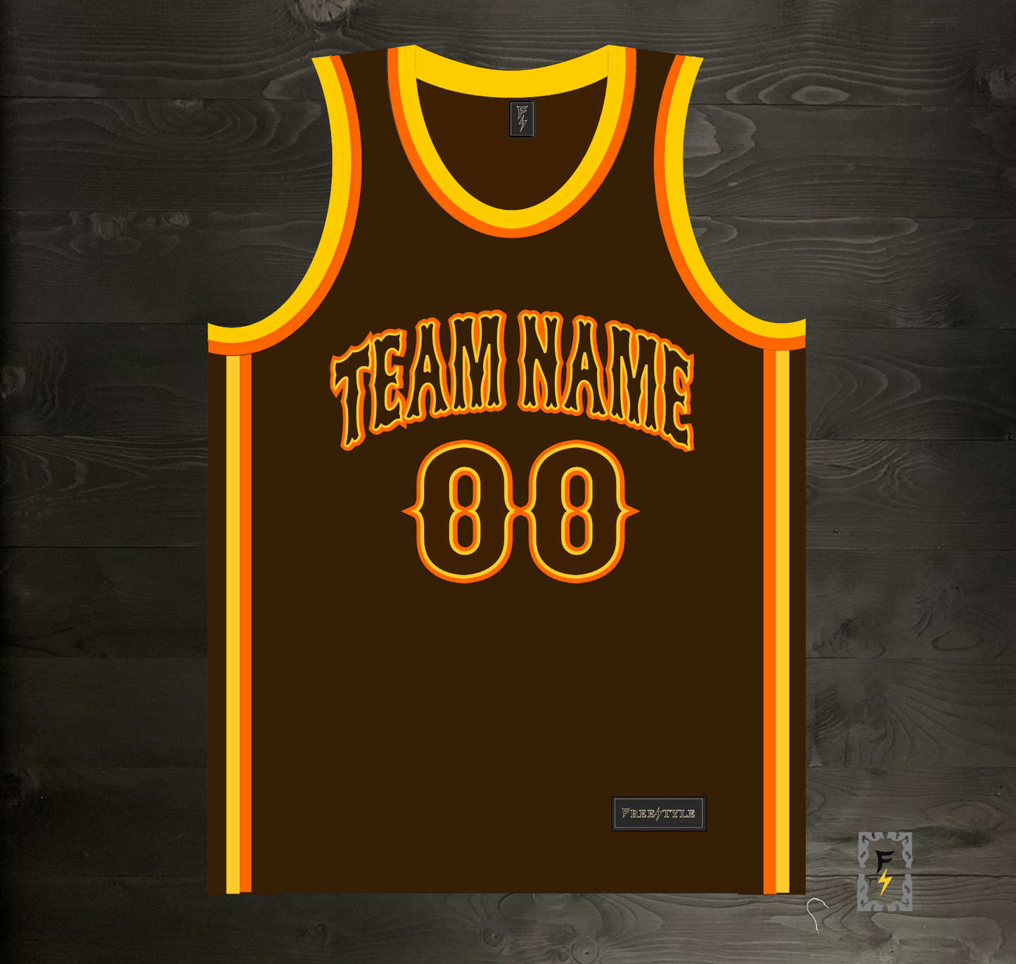 A-103m - CUSTOM Team Name and # Brown Orange Yellow on Brown - MADE TO ORDER