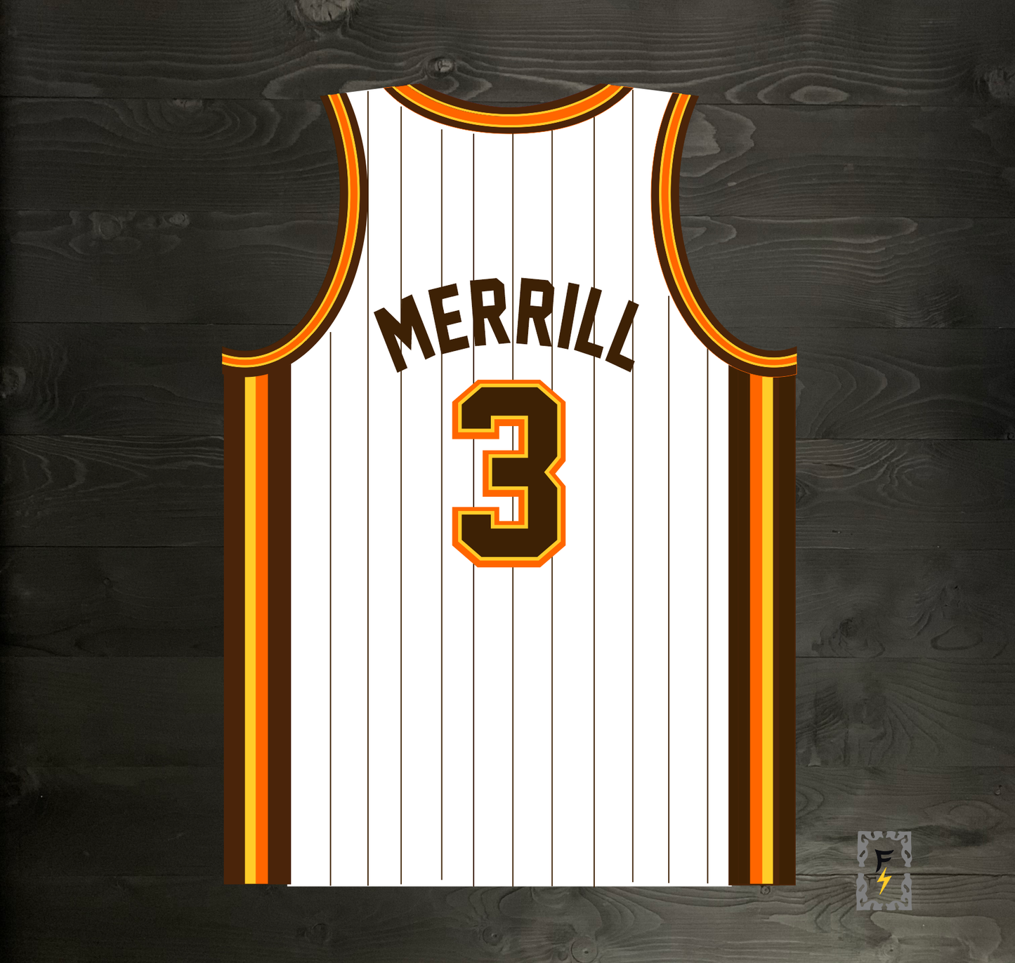 A-114m #3 White Brown Yellow Orange w Pinstripes Basketball Jersey - MADE TO ORDER