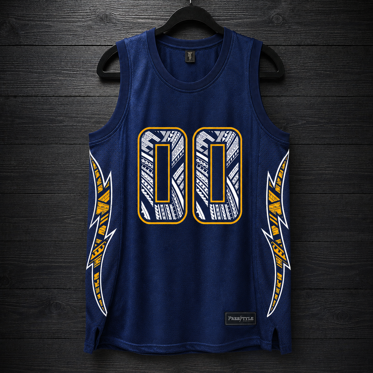 B-022m CUSTOM Name and # Navy White Yellow Gold Tribal Basketball Jersey - MADE TO ORDER