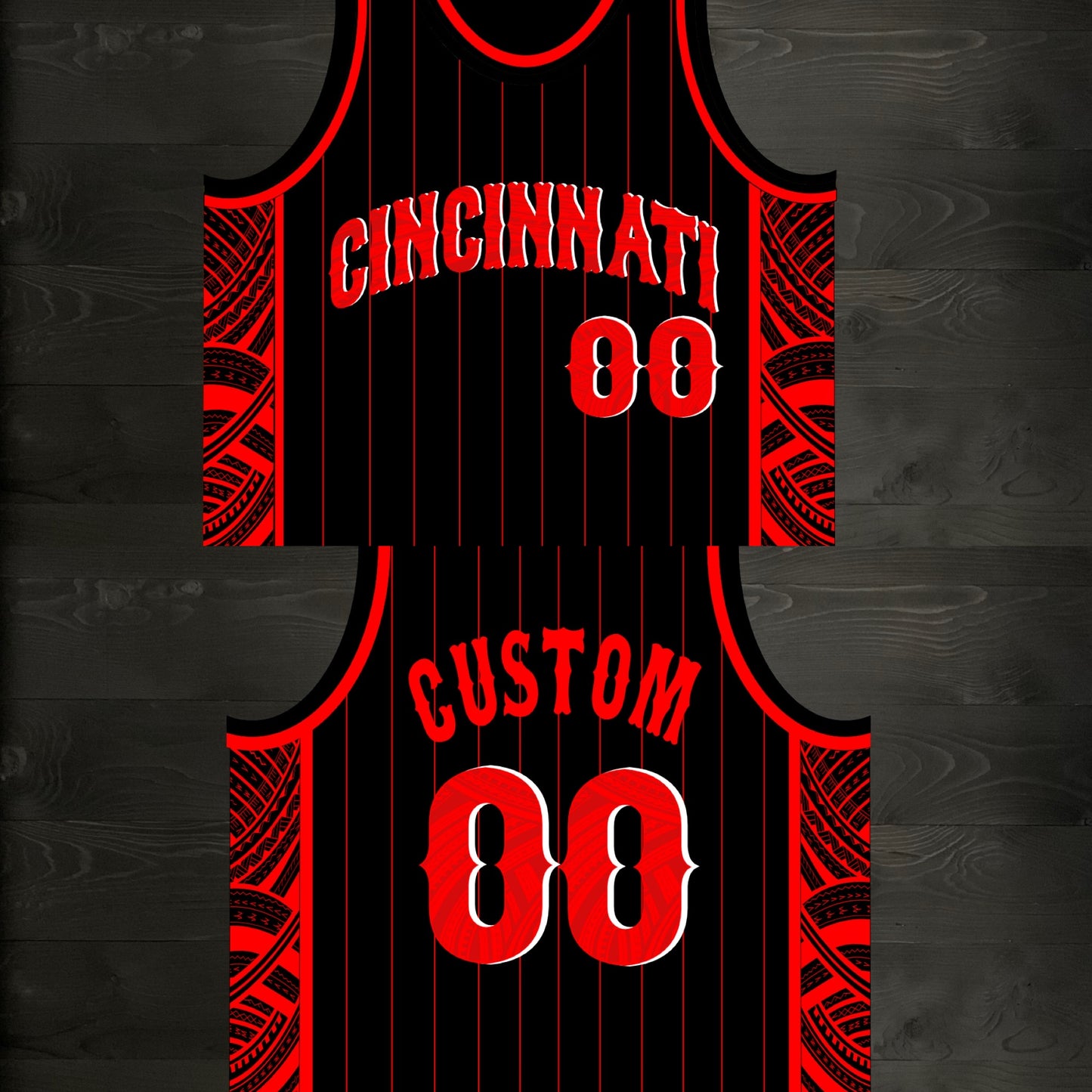 M-363m CUSTOM NAME and # Black Red Pinstripes Tribalz ALL SIZES - MADE ORDER