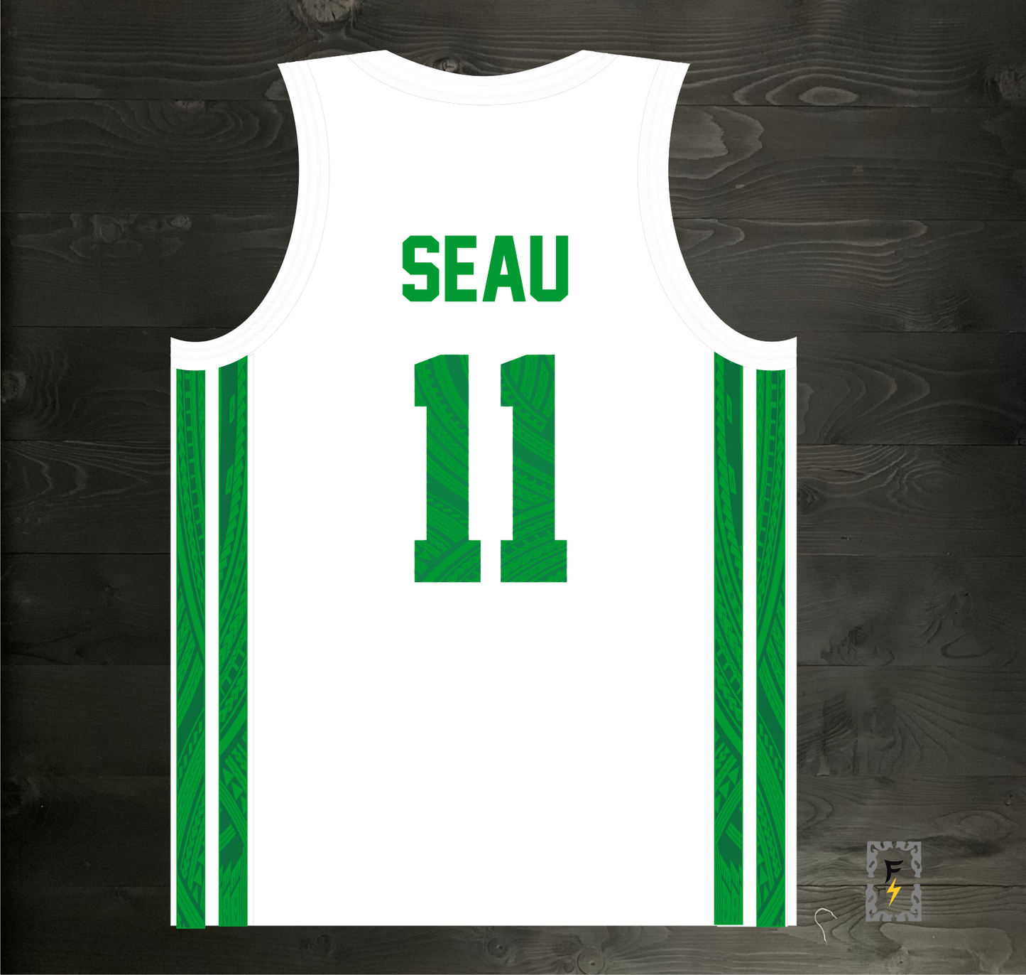 24-9008m SEAU #11 Oceanside Pirates White Green w Tribal - MADE TO ORDER