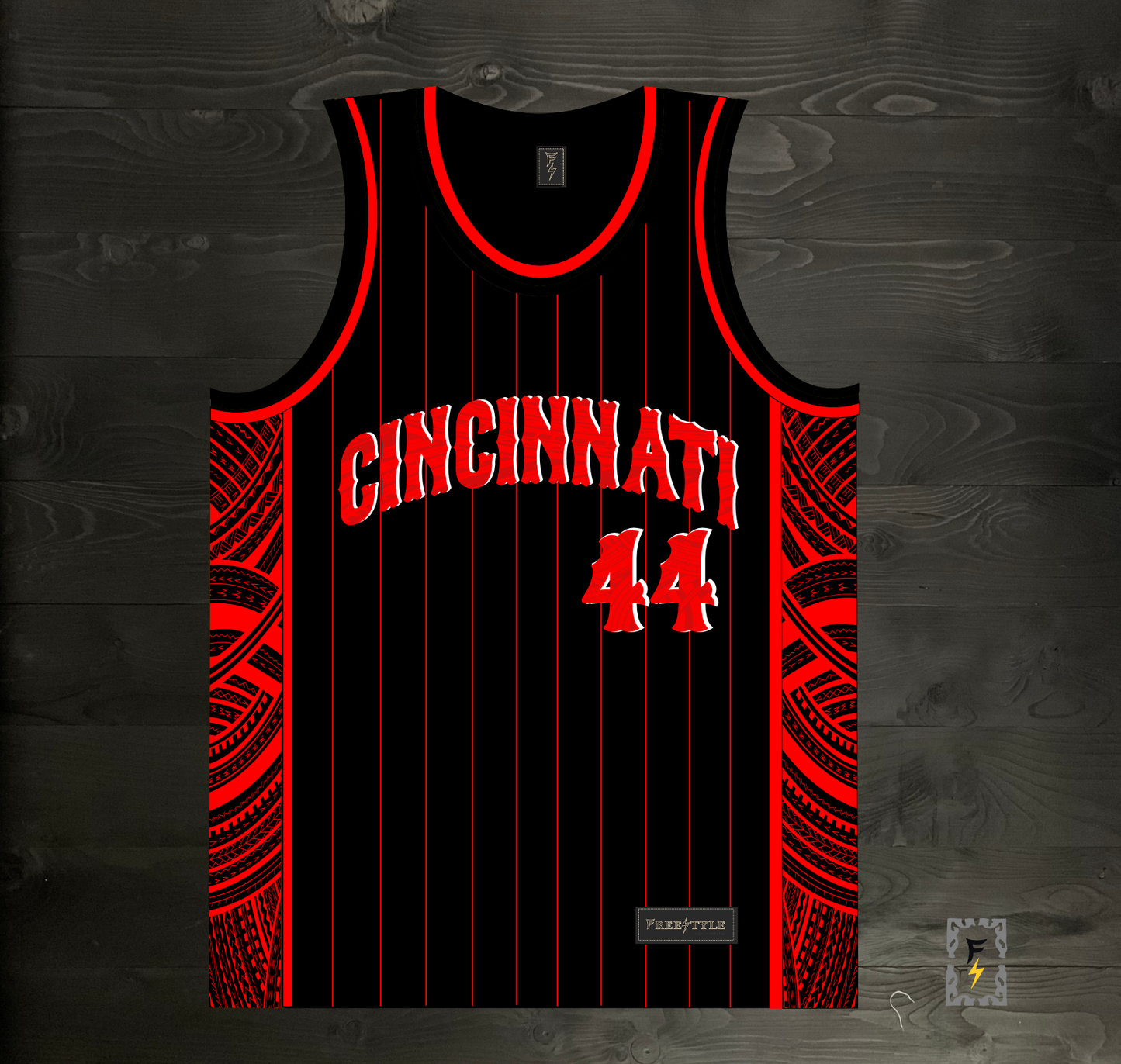 M-363m #44 Black Red Pinstripes Tribal - MADE TO ORDER - ALL SIZES