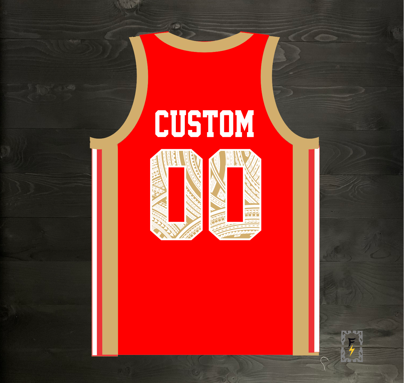 N-0480m CUSTOM Red Gold Tribal Jersey ALL SIZES- MADE ORDER