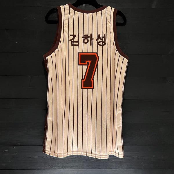 19-0002a KIM in Korean Hangul Script #7 San Diego Creme Brown Orange Brown Pinstripes Off Center - Available Stock
