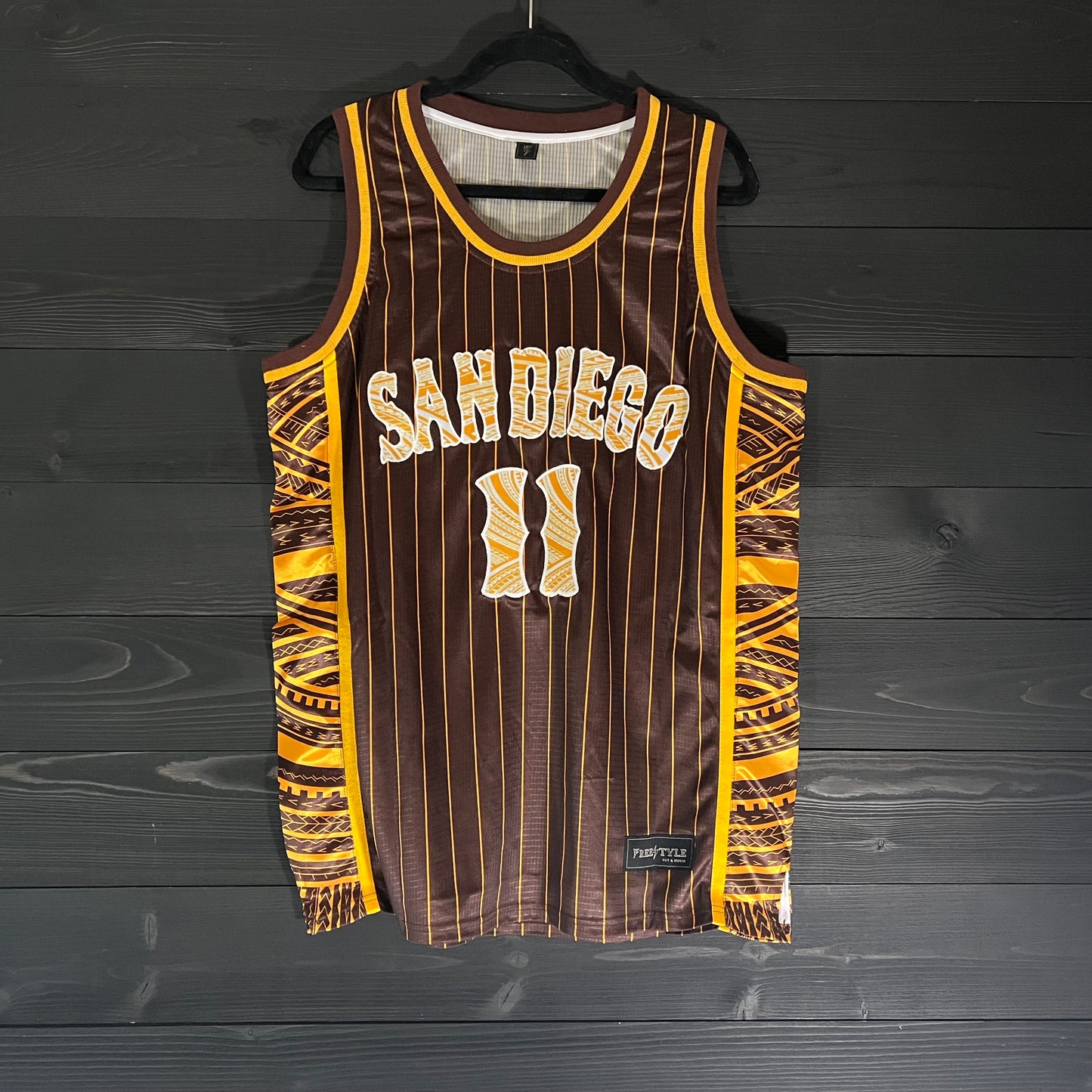 A-011a #11 Script Brown White Yellow Pinstripes Tribal - ALL SIZES