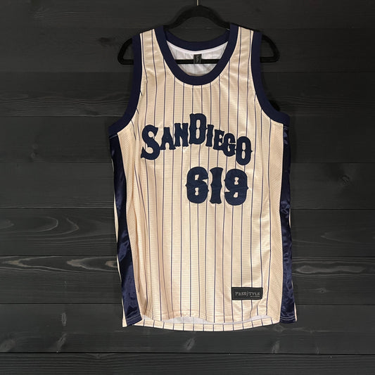 A-050a #619 ALL DAY Creme Navy Pinstripes - ALL SIZES