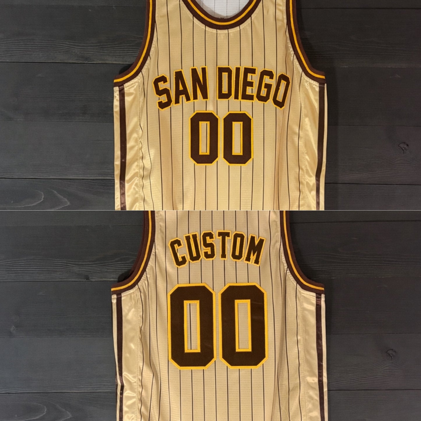 A-105m CUSTOM Name and # Sand Brown Yellow w Pinstripes Basketball Jersey - MADE TO ORDER