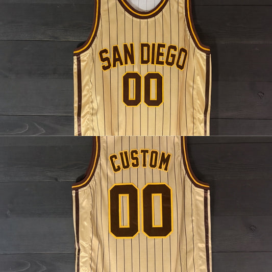 A-105m CUSTOM Name and # Sand Brown Yellow w Pinstripes Basketball Jersey - MADE TO ORDER
