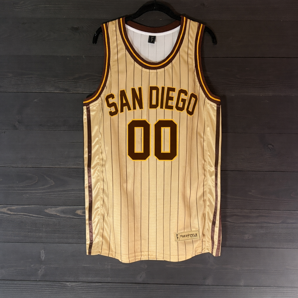 A-105m CUSTOM Name and # Sand Brown Yellow w Pinstripes Basketball Jersey - MADE TO ORDER