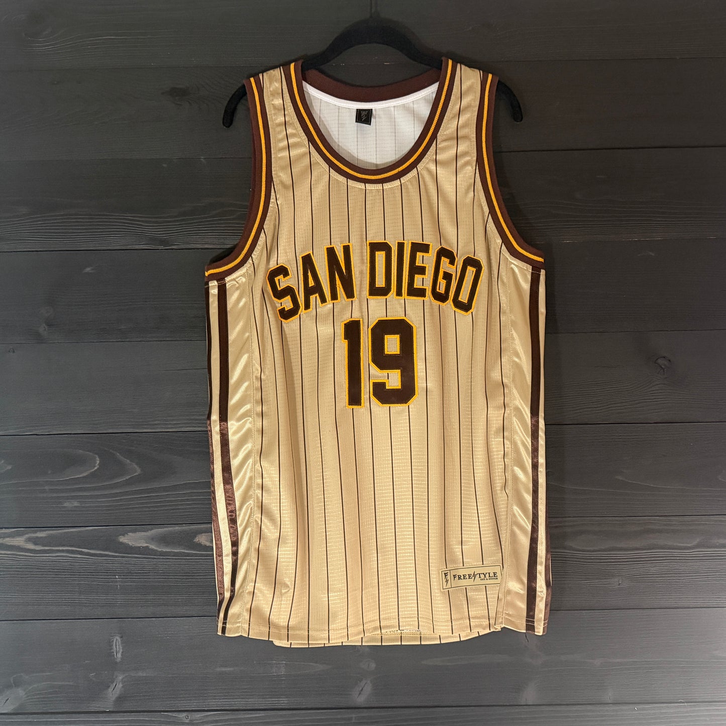 A-105m #19 Sand Brown Yellow w Pinstripes Basketball Jersey - MADE TO ORDER