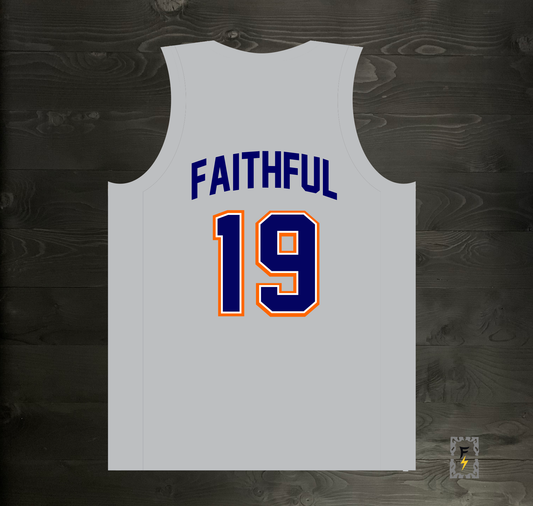 A-117m #19 FAITHFUL Gray Navy Orange White Basketball Jersey - MADE TO ORDER