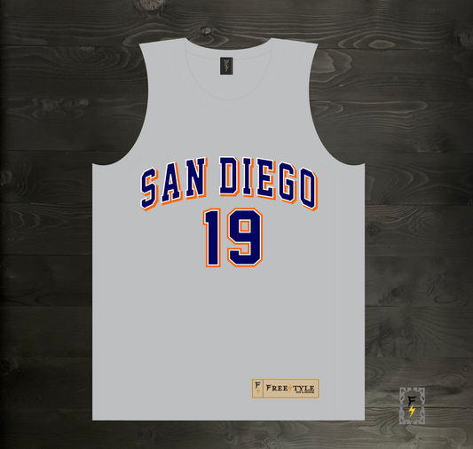 A-117m #19 Gray Navy Orange White Basketball Jersey - MADE TO ORDER