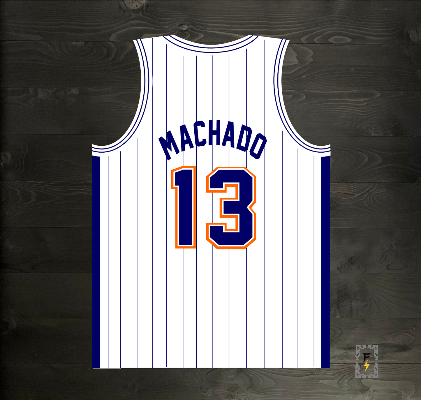 A-119m #13 White Navy Orange w Pinstripes Basketball Jersey - MADE TO ORDER