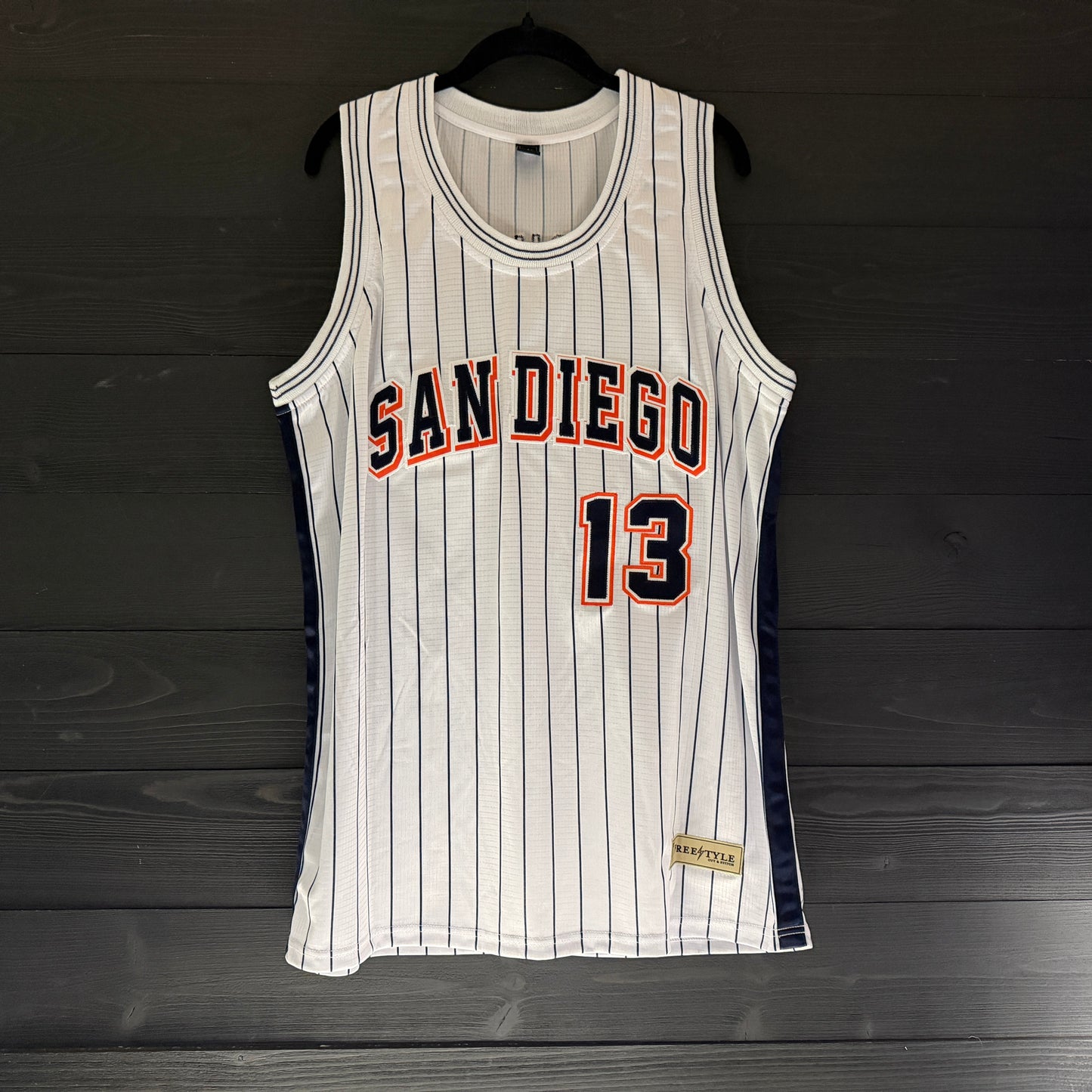 A-119a #13 White Orange Navy Pinstripes - ALL STOCK