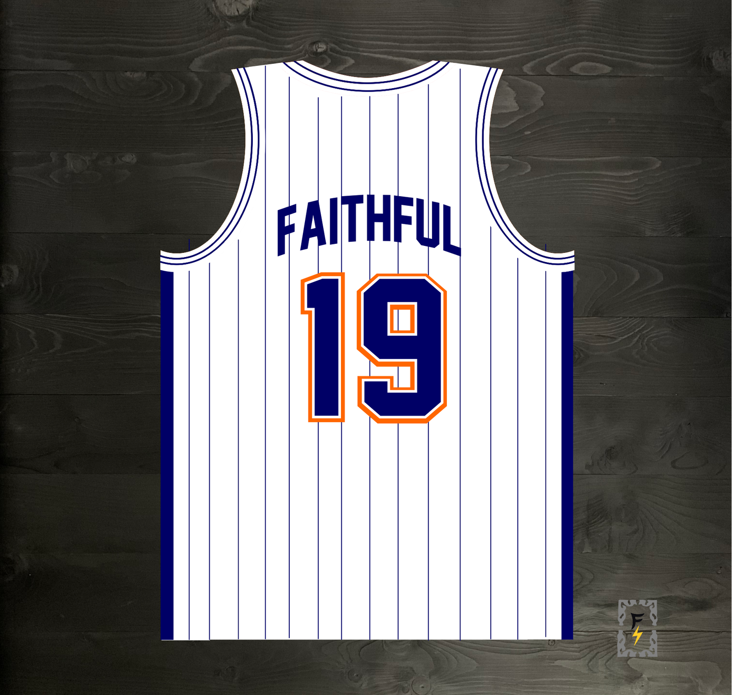 A-119m #19 FAITHFUL White Navy Orange w Pinstripes Basketball Jersey - MADE TO ORDER