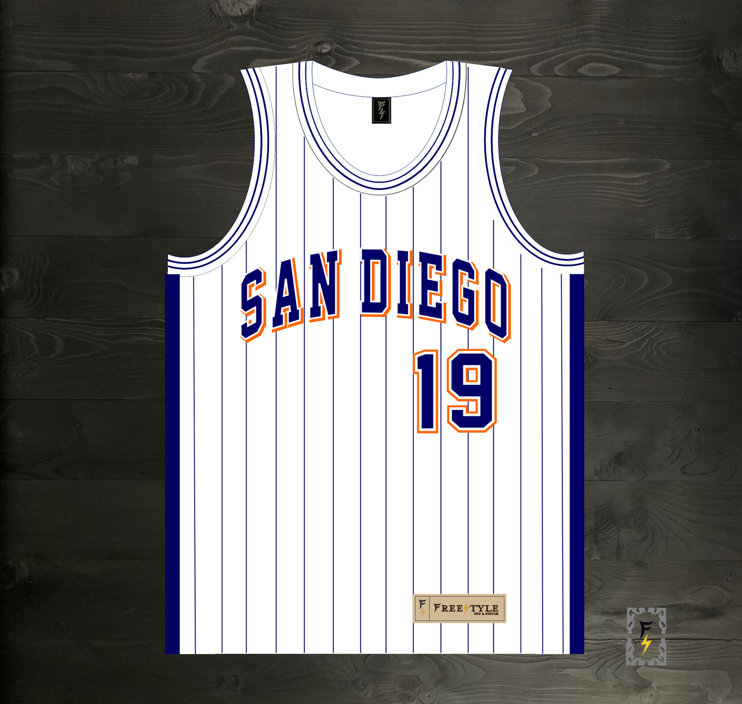 A-119m #19 White Navy Orange w Pinstripes Basketball Jersey - MADE TO ORDER