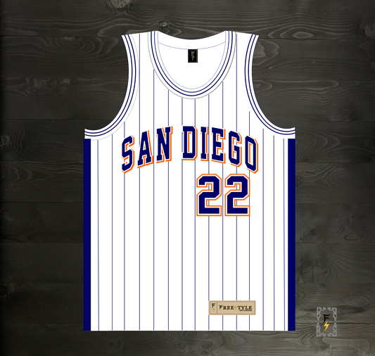 A-119m #22 White Navy Orange w Pinstripes Basketball Jersey - MADE TO ORDER