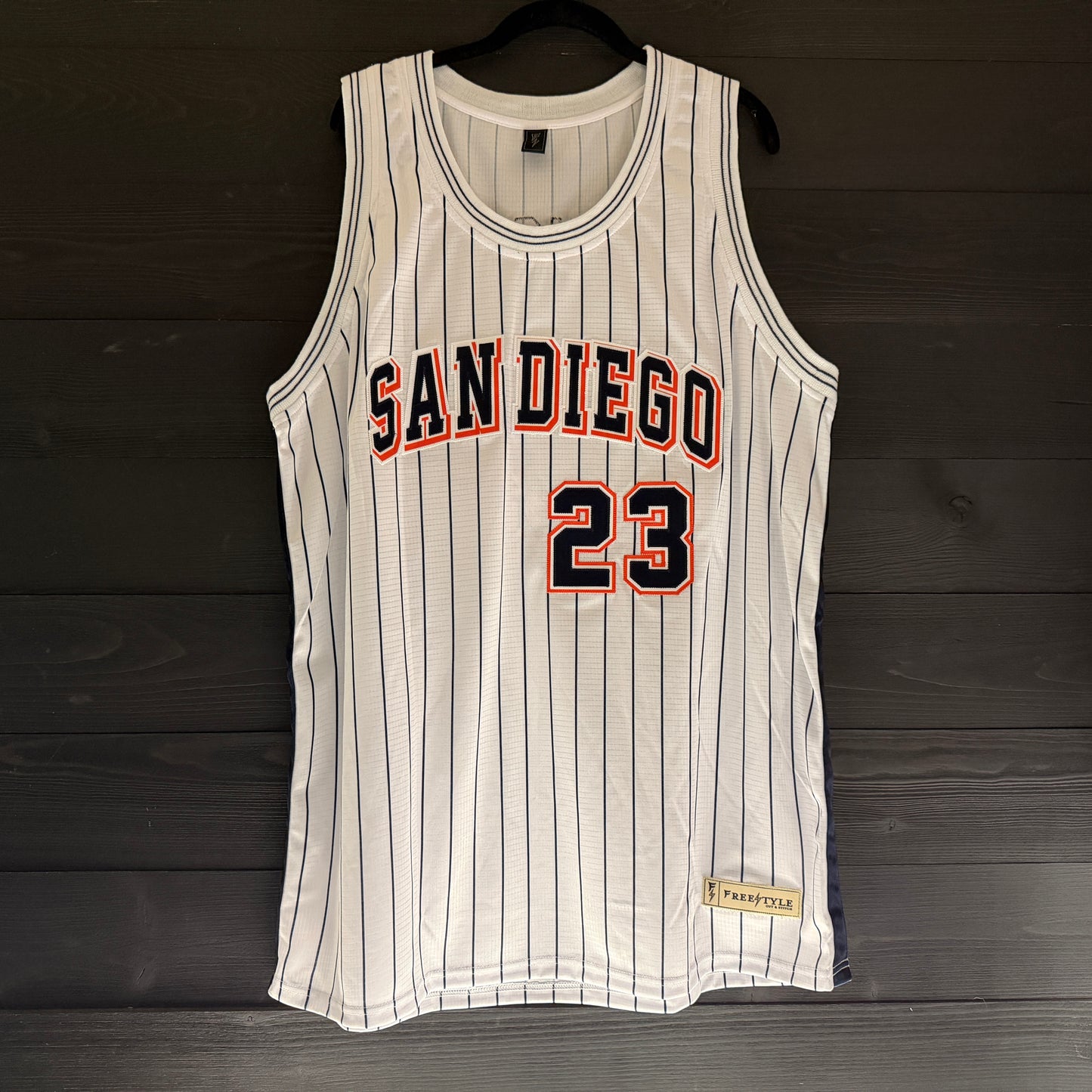 A-119a #23 White Orange Navy Pinstripes - ALL STOCK