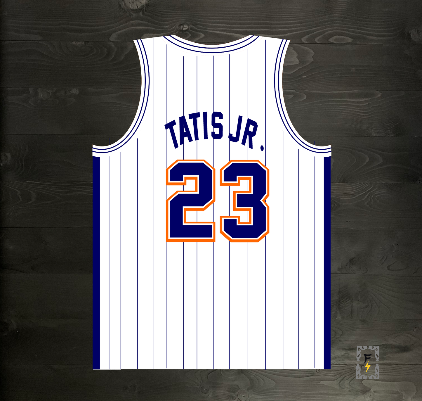 A-119m #23 White Navy Orange w Pinstripes Basketball Jersey - MADE TO ORDER