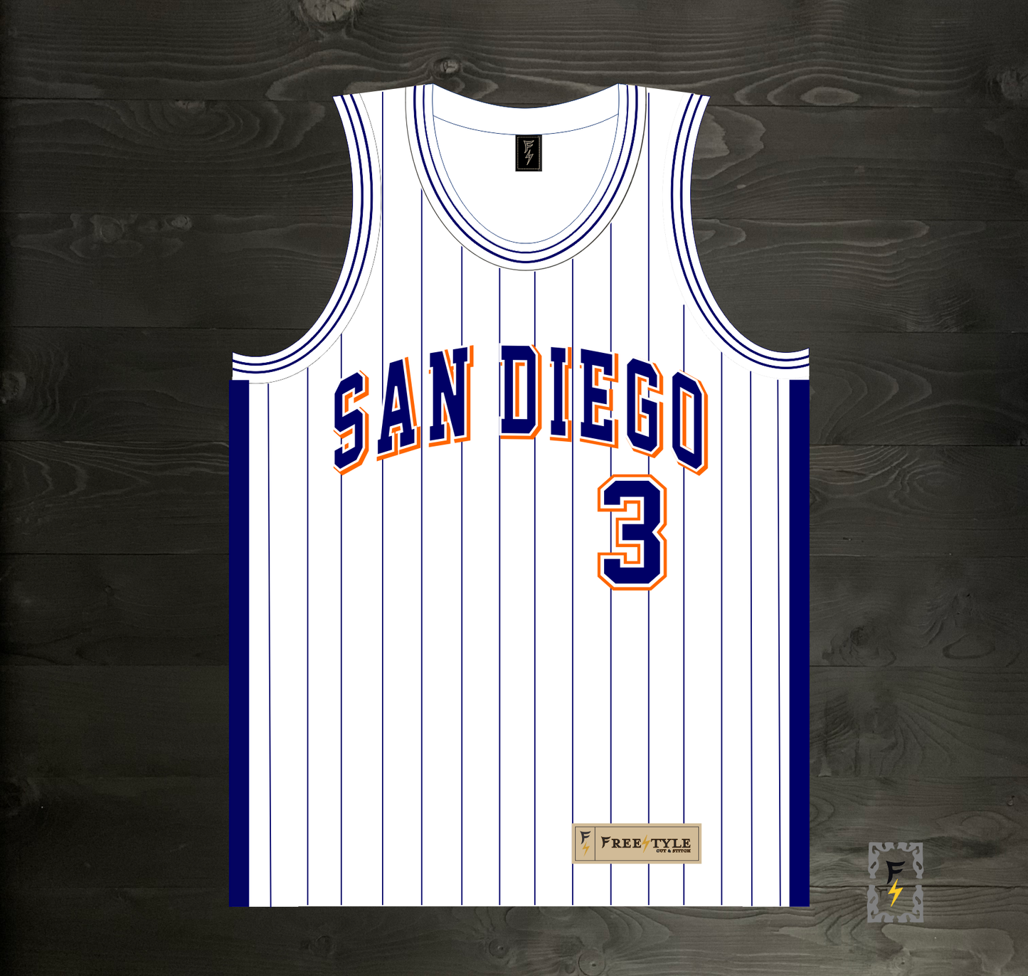 A-119m #3 Whtie Navy Orange w Pinstripes Basketball Jersey - MADE TO ORDER