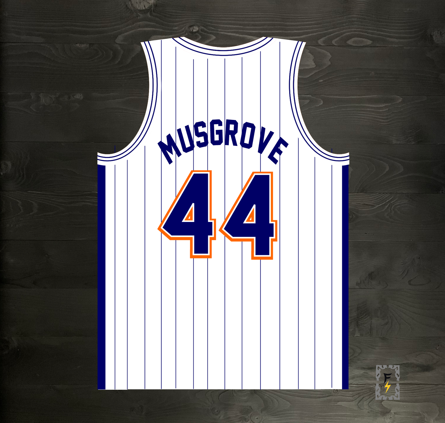 A-119m #44 White Navy Orange w Pinstripes Basketball Jersey - MADE TO ORDER