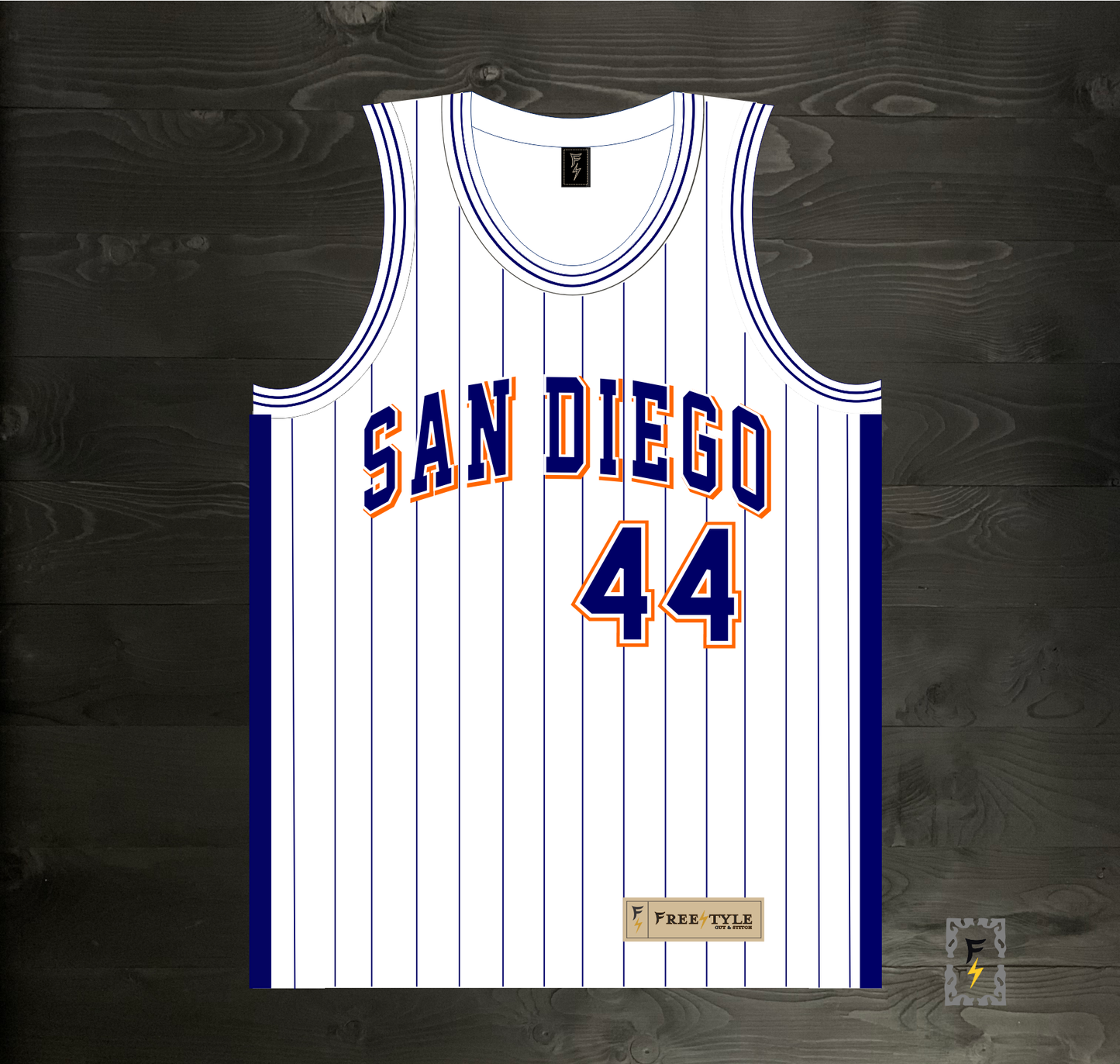 A-119m #44 White Navy Orange w Pinstripes Basketball Jersey - MADE TO ORDER