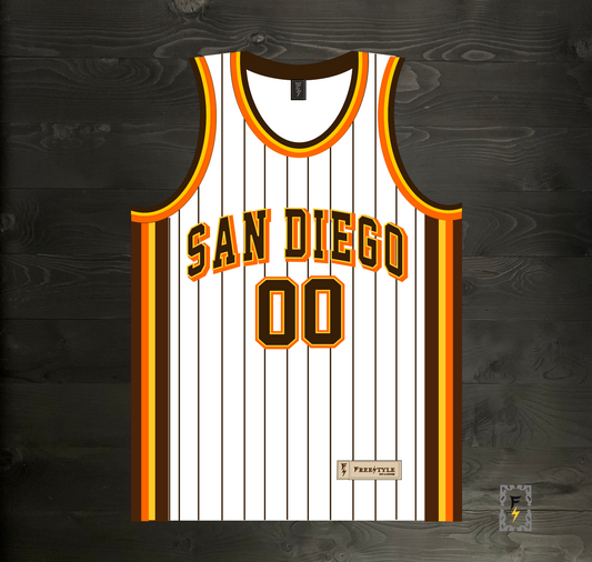 A-114m CUSTOM Name and # White Brown Yellow Orange w Pinstripes Basketball Jersey - MADE TO ORDER