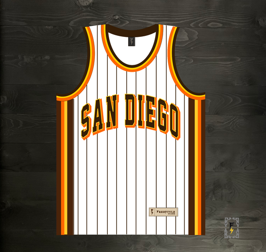 A-114m SD White Brown Orange Yellow w Pinstripes Basketball Tank Top - MADE TO ORDER