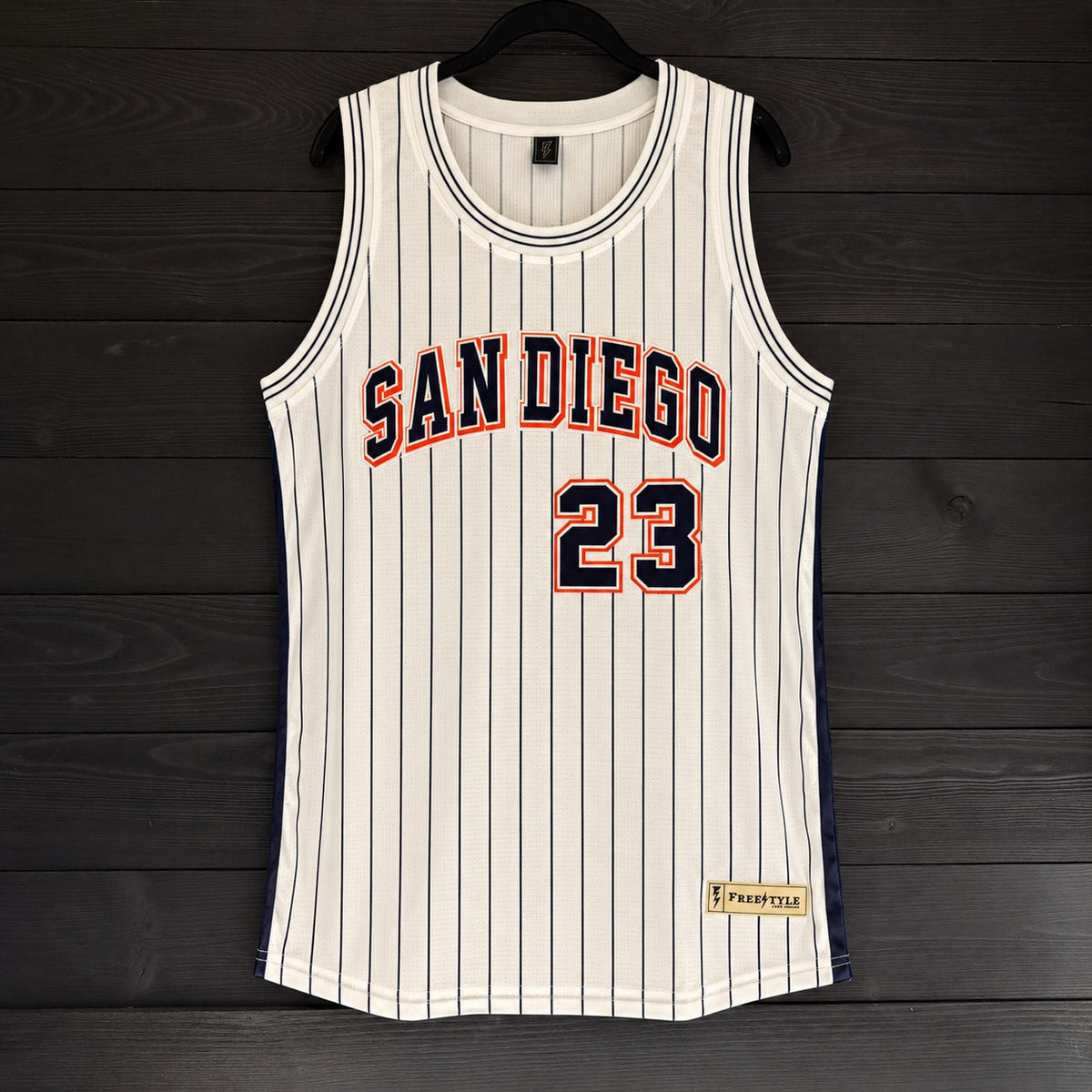 A-119a #23 White Orange Navy Pinstripes - ALL STOCK