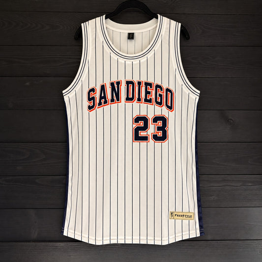 A-119a #23 White Orange Navy Pinstripes - ALL STOCK